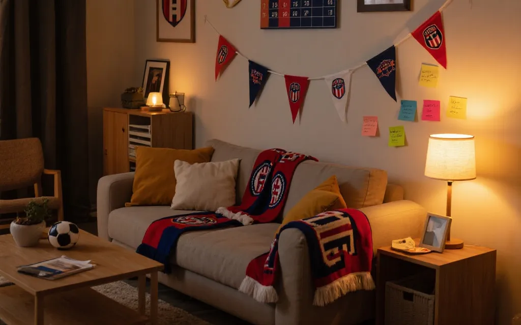 球迷在家中布置观赛角落，摆放围巾和小旗，暖色灯光营造赛前氛围