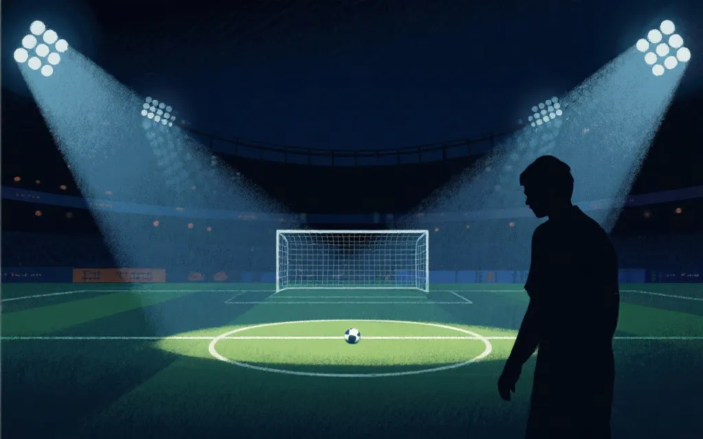 预选赛淘汰赛氛围插画：球场灯光下的点球与晋级之路